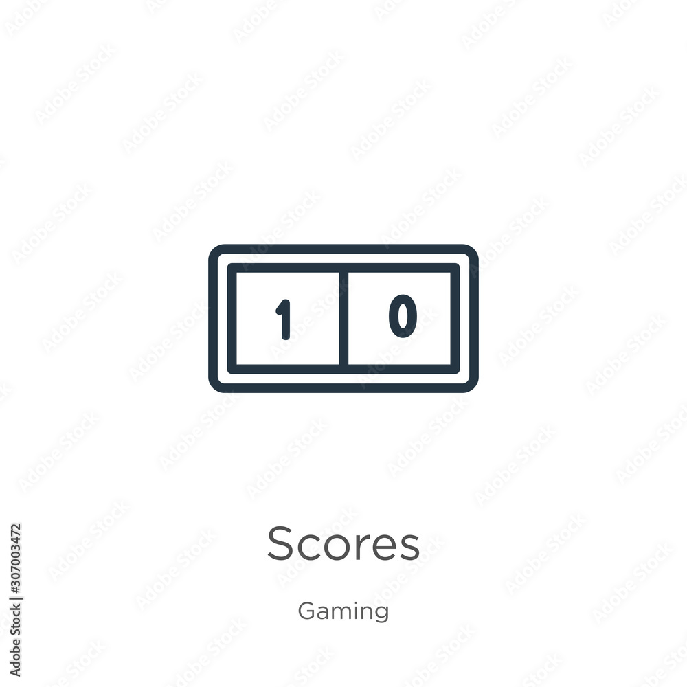 Scores icon. Thin linear scores outline icon isolated on white background from gaming collection. Line vector scores sign, symbol for web and mobile Scores icon. Thin linear scores outline icon isolated on white background from gaming collection. Line vector scores sign, symbol for web and mobile