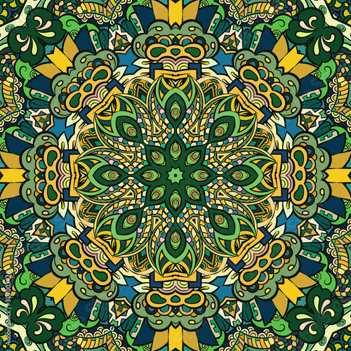 Seamless tracery tile mehndi design. Ethnic ornament, colorful doodle symmetry texture. Folk traditional spiritual tribal design. Curved doodling motif. Color art. Vector
