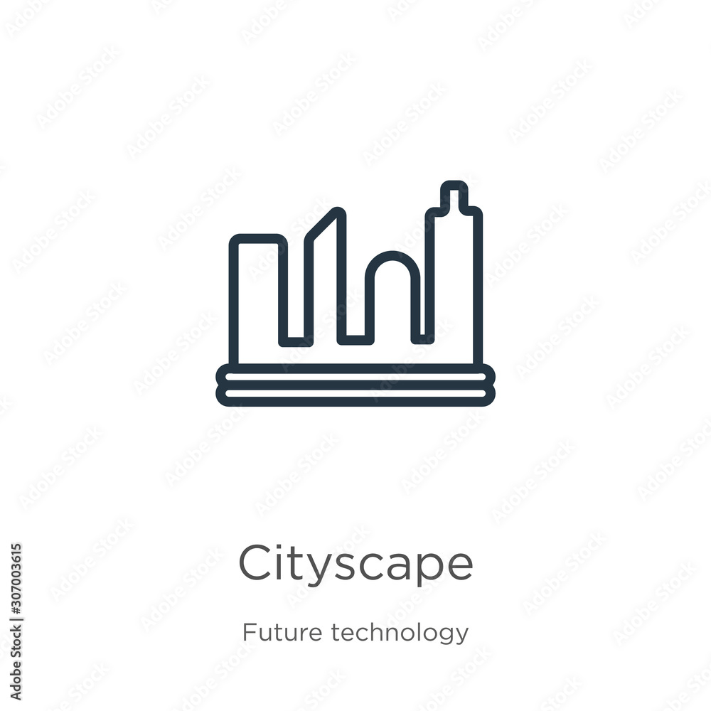Cityscape icon. Thin linear cityscape outline icon isolated on white background from future technology collection. Line vector cityscape sign, symbol for web and mobile Cityscape icon. Thin linear cityscape outline icon isolated on white background from future technology collection. Line vector cityscape sign, symbol for web and mobile