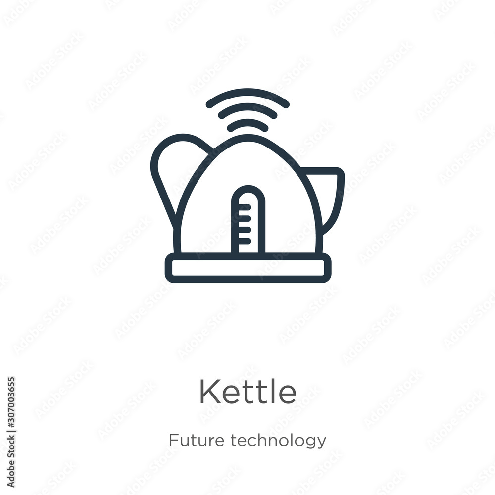 Kettle icon. Thin linear kettle outline icon isolated on white background from future technology collection. Line vector kettle sign, symbol for web and mobile Kettle icon. Thin linear kettle outline icon isolated on white background from future technology collection. Line vector kettle sign, symbol for web and mobile