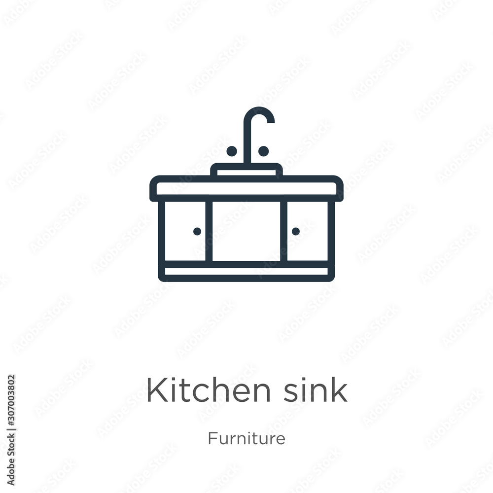 Kitchen sink icon. Thin linear kitchen sink outline icon isolated on white background from furniture collection. Line vector kitchen sink sign, symbol for web and mobile Kitchen sink icon. Thin linear kitchen sink outline icon isolated on white background from furniture collection. Line vector kitchen sink sign, symbol for web and mobile