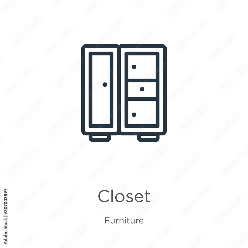 Closet icon. Thin linear closet outline icon isolated on white background from furniture collection. Line vector closet sign, symbol for web and mobile Closet icon. Thin linear closet outline icon isolated on white background from furniture collection. Line vector closet sign, symbol for web and mobile