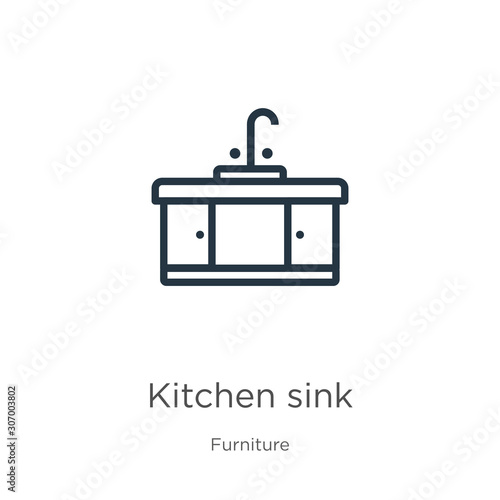 Kitchen sink icon. Thin linear kitchen sink outline icon isolated on white background from furniture collection. Line vector kitchen sink sign, symbol for web and mobile