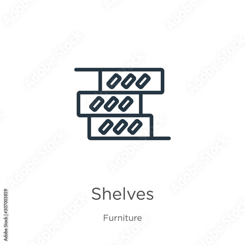 Free Download Shelves icon. Thin linear shelves outline icon isolated on white background from furniture collection. Line vector shelves sign, symbol for web and mobile - GFXLoad