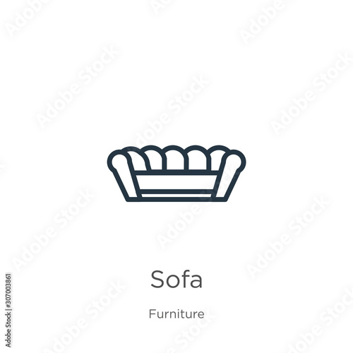 Sofa icon. Thin linear sofa outline icon isolated on white background from furniture collection. Line vector sofa sign, symbol for web and mobile