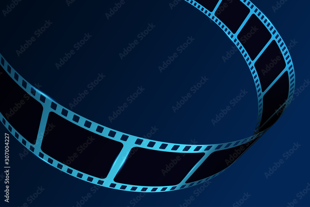 Realistic 3D cinema film strip in perspective. Film reel frame isolated on blue background. Vector template cinema festival with place for text. Movie design for brochure, poster, banner or flyer.