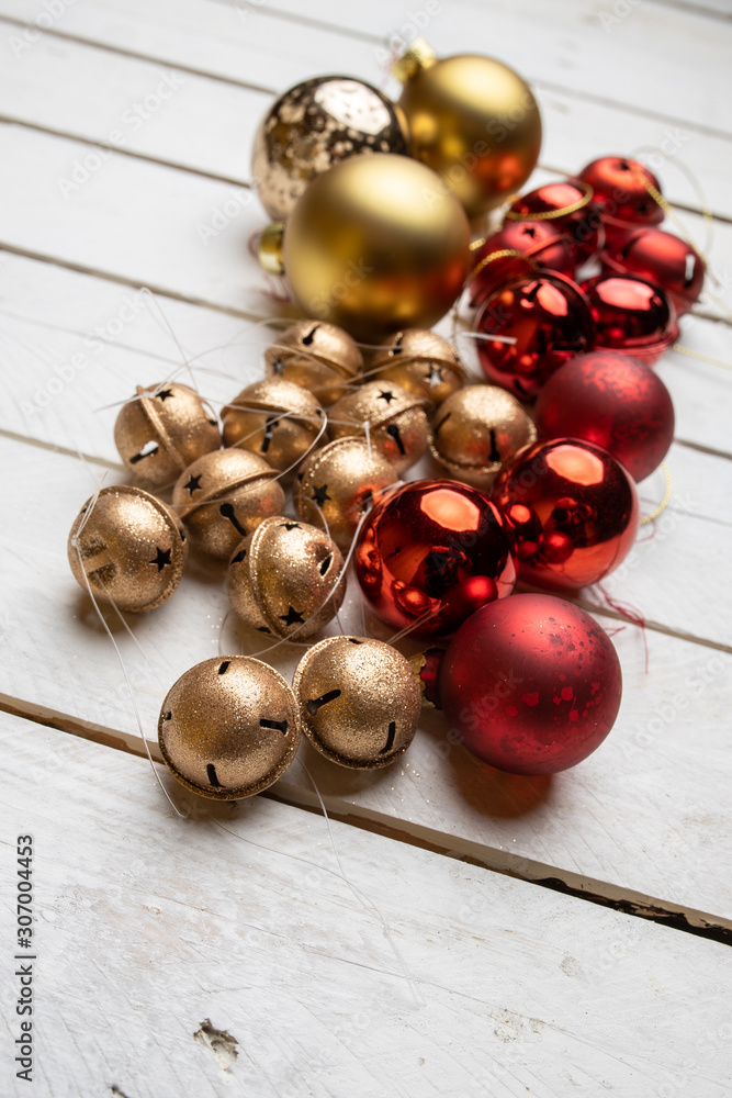 Christmas decorations on top of wooden table Christmas decorations on top of wooden table