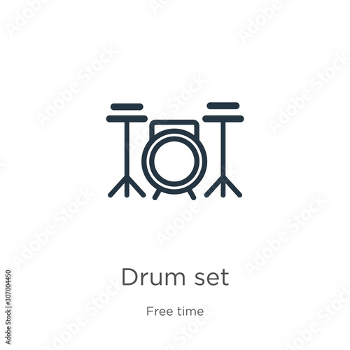 Drum set icon. Thin linear drum set outline icon isolated on white background from hobbies collection. Line vector drum set sign, symbol for web and mobile