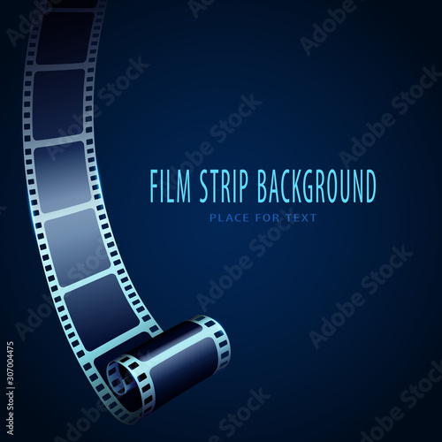 Realistic 3D cinema film strip in perspective isolated on blue background. Festive design with cinema film strip. Cinema festival poster, brochure, banner or flyer template for your design. Vector EPS