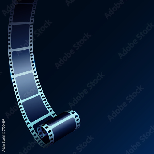 3D cinema film strip in perspective. Vector template cinema festival with place for text. Movie design with cinema film strip for festival, brochure, poster, banner or flyer.Film entertainment concept