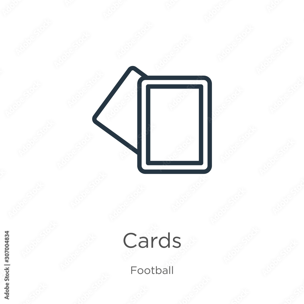 Cards icon. Thin linear cards outline icon isolated on white background from football collection. Line vector cards sign, symbol for web and mobile Cards icon. Thin linear cards outline icon isolated on white background from football collection. Line vector cards sign, symbol for web and mobile
