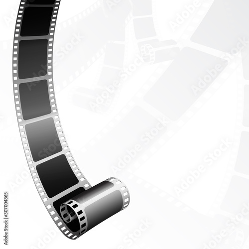 Realistic 3D cinema film strip in perspective isolated on white background. Festive design with cinema film strip. Cinema festival poster, brochure, banner or flyer template for your design.Vector EPS