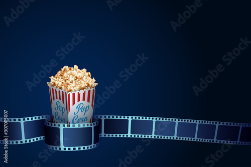3D realistic film strip with popcorn box on blue background. Cinema festival template with space for your text. Movie design for flyer, banner, brochure, poster, presentation. Film industry concept.