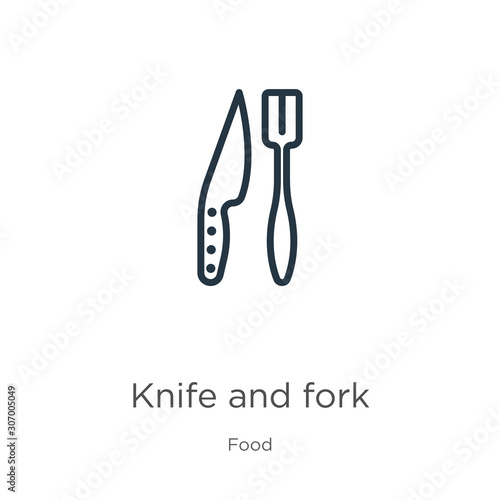 Knife and fork icon. Thin linear knife and fork outline icon isolated on white background from food collection. Line vector knife and fork sign  symbol for web and mobile