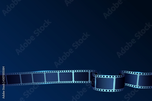 Realistic 3D cinema film strip in perspective isolated on blue background. Vector template cinema festival. Movie design cinema film strip for ad, poster, presentation, show, brochure, banner or flyer