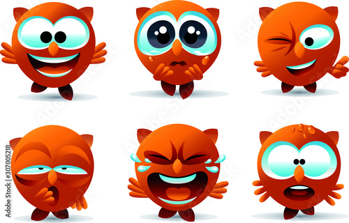 Owl smiley face icons or animal emoticons with cartoon face expressions and emotions. All characters are isolated on white. Full vector illustration.