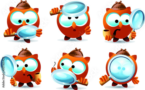 Set of detective owl characters with magnifying glass, investigating. Full vector illustration.