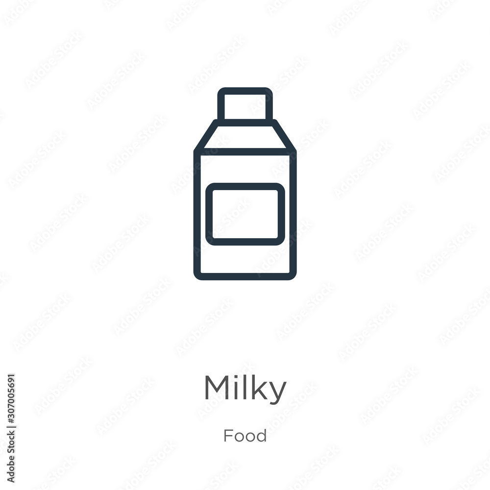 Milky icon. Thin linear milky outline icon isolated on white background from food collection. Line vector milky sign, symbol for web and mobile Milky icon. Thin linear milky outline icon isolated on white background from food collection. Line vector milky sign, symbol for web and mobile
