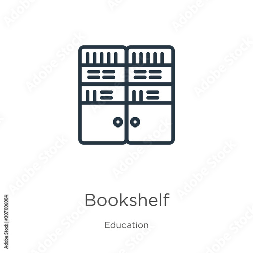 Bookshelf icon. Thin linear bookshelf outline icon isolated on white background from education collection. Line vector bookshelf sign, symbol for web and mobile