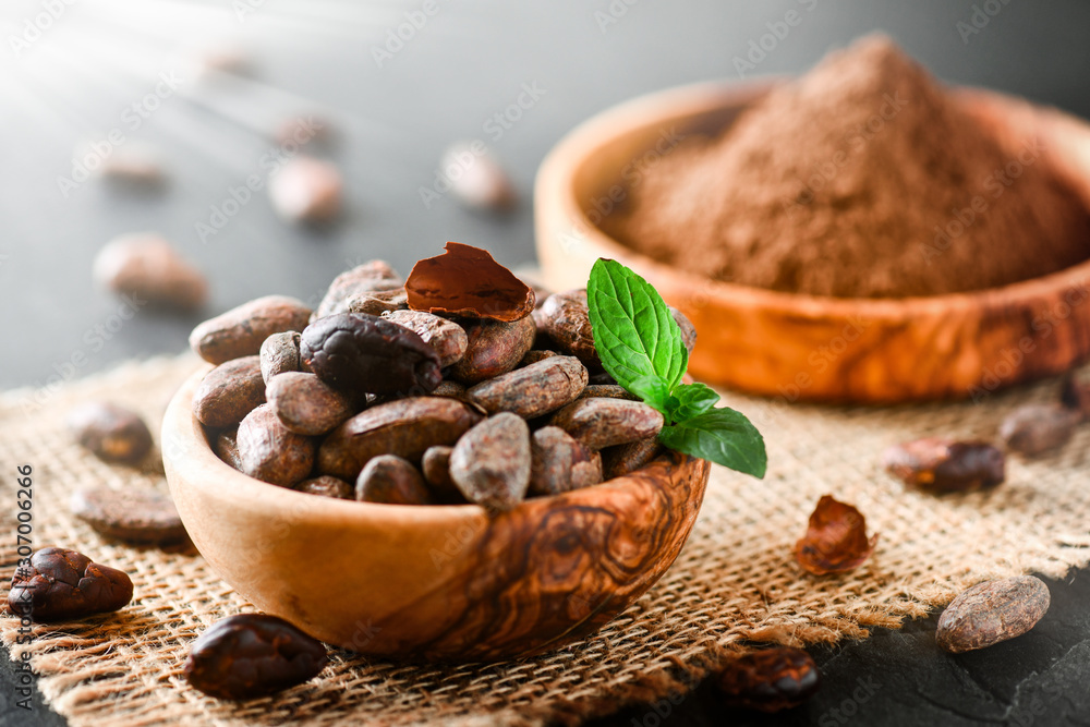 Cocoa beans with mint on jute side view. Cacao powder in wooden bowl blure in background. Panorama or banner concept. Cocoa beans with mint on jute side view. Cacao powder in wooden bowl blure in background. Panorama or banner concept.