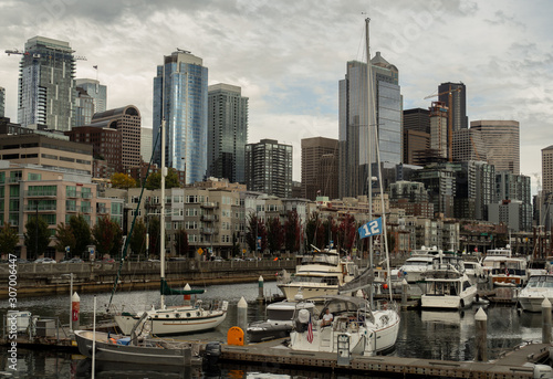 Sailboat flying Seattle Seahawks 12th man flag proudly in Bell Harbor Marina on Seattle's waterfront prior to the home opening football game on September 23 