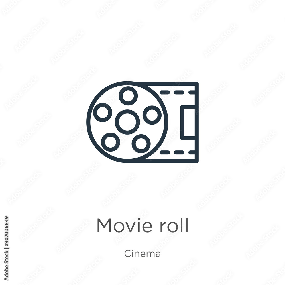 Movie roll icon. Thin linear movie roll outline icon isolated on white background from cinema collection. Line vector movie roll sign, symbol for web and mobile Movie roll icon. Thin linear movie roll outline icon isolated on white background from cinema collection. Line vector movie roll sign, symbol for web and mobile