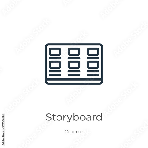 Storyboard icon. Thin linear storyboard outline icon isolated on white background from cinema collection. Line vector storyboard sign, symbol for web and mobile