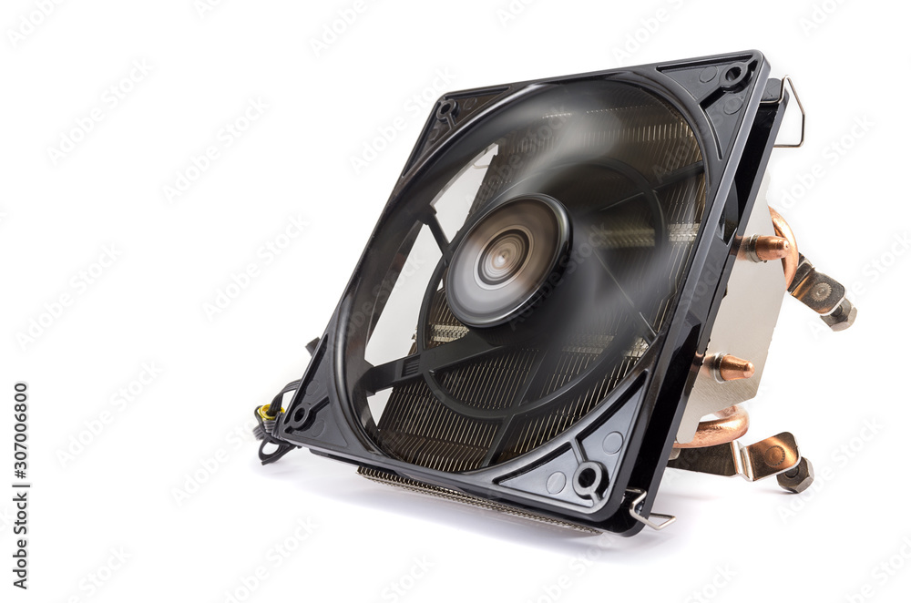 computer CPU cooling system. fan and radiator isolated on white background