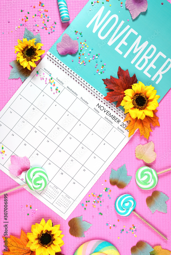 On trend 2020 calendar page for the month of November modern flat lay On trend 2020 calendar page for the month of November modern flat lay