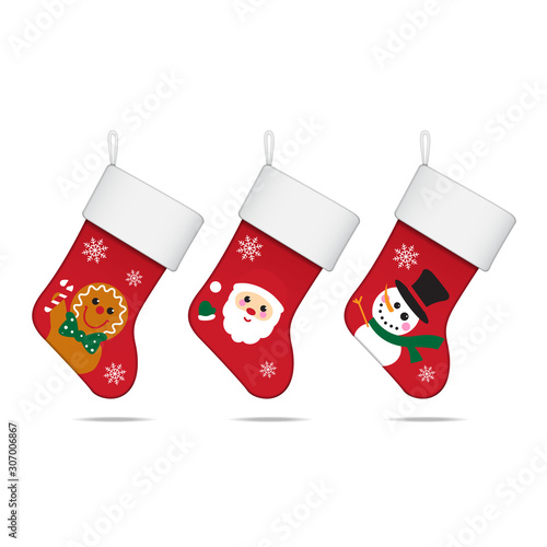 Set of christmas socks with hanger. Vector mockup template illustration with sample design