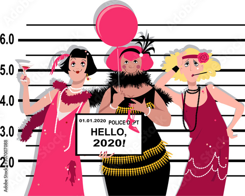Three young women in flappers' outfits stand for a mug shot at the police station, holding Hello 2020 tablet, EPS 8 vector illustration	
