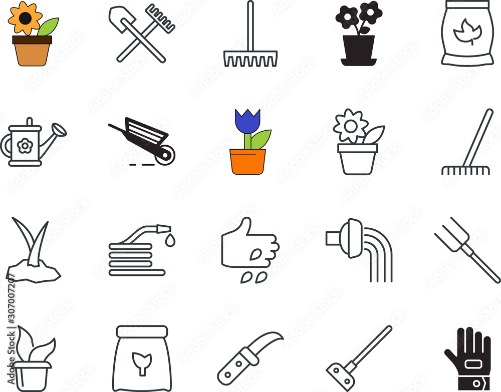 Obraz premium gardening vector icon set such as: fabric, cultivation, small, general purpose, biology, earth, cart, trim, seeding, emergency, watering-can, hedge, working, wheelbarrow, alarm, fertile, interface