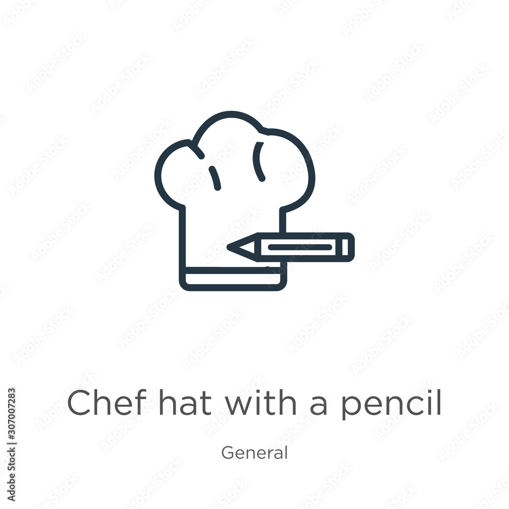 Chef hat with a pencil icon. Thin linear chef hat with a pencil outline icon isolated on white background from general collection. Line vector chef hat with a pencil sign, symbol for web and mobile Chef hat with a pencil icon. Thin linear chef hat with a pencil outline icon isolated on white background from general collection. Line vector chef hat with a pencil sign, symbol for web and mobile