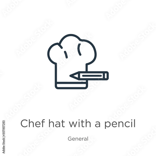 Chef hat with a pencil icon. Thin linear chef hat with a pencil outline icon isolated on white background from general collection. Line vector chef hat with a pencil sign, symbol for web and mobile