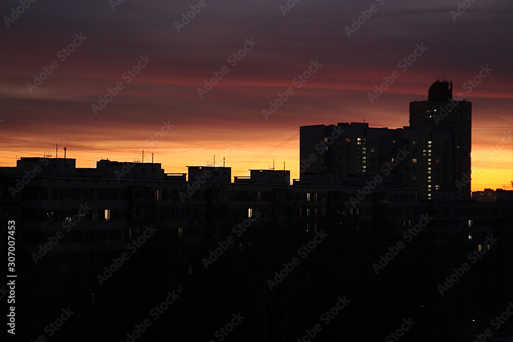 Fototapeta premium December dawn in a residential area of Moscow