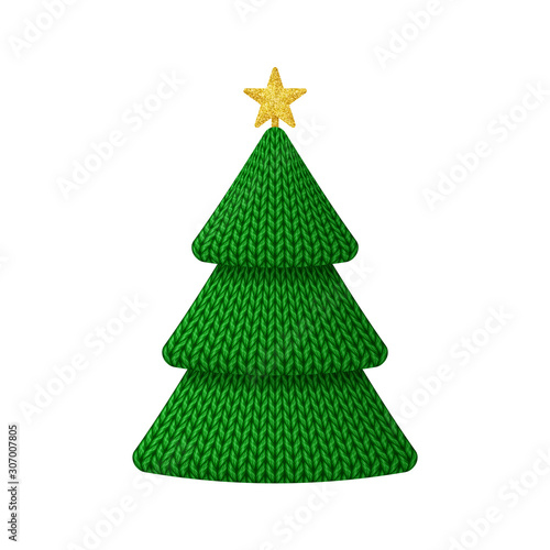 Illustration of a knitted Christmas tree with golden star. On white background