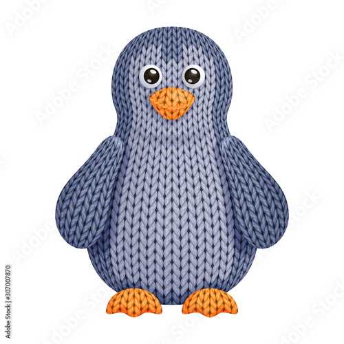 Illustration of a funny knitted penguin toy. On white background