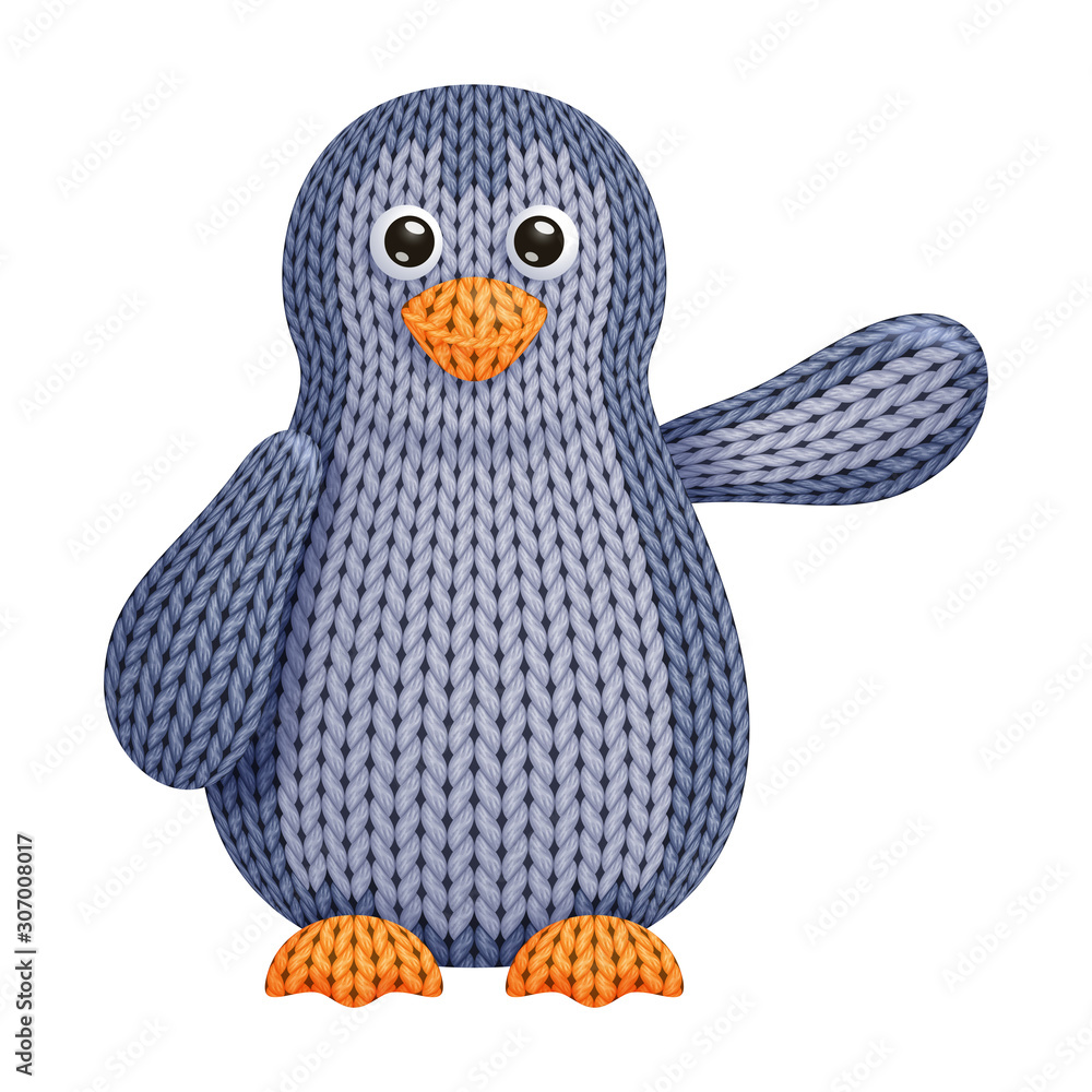 Obraz premium Illustration of a funny knitted penguin toy who swings its wing with salutation. On white background