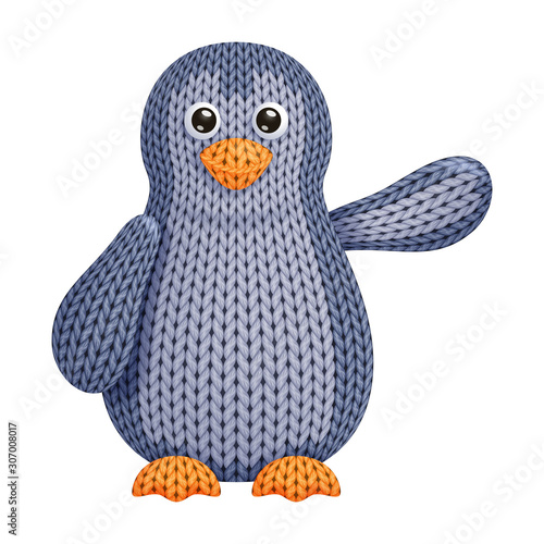 Illustration of a funny knitted penguin toy who swings its wing with salutation. On white background