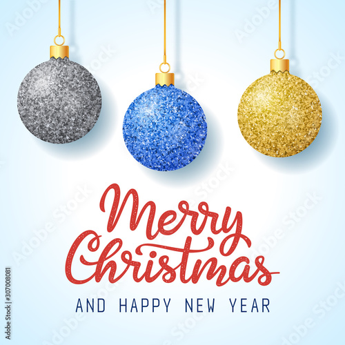 Merry Christmas and Happy New Year greeting card. Hand drawn lettering  with  Christmas tree decorations on blue gradient background