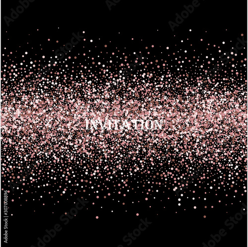 Pink gold glitter. Scatter bottom gradient with pink gold glitter on black background.