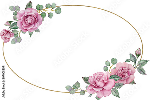 Pink roses frame. Watercolor hand-drawn oval floral wedding frame. Valentine's day template.