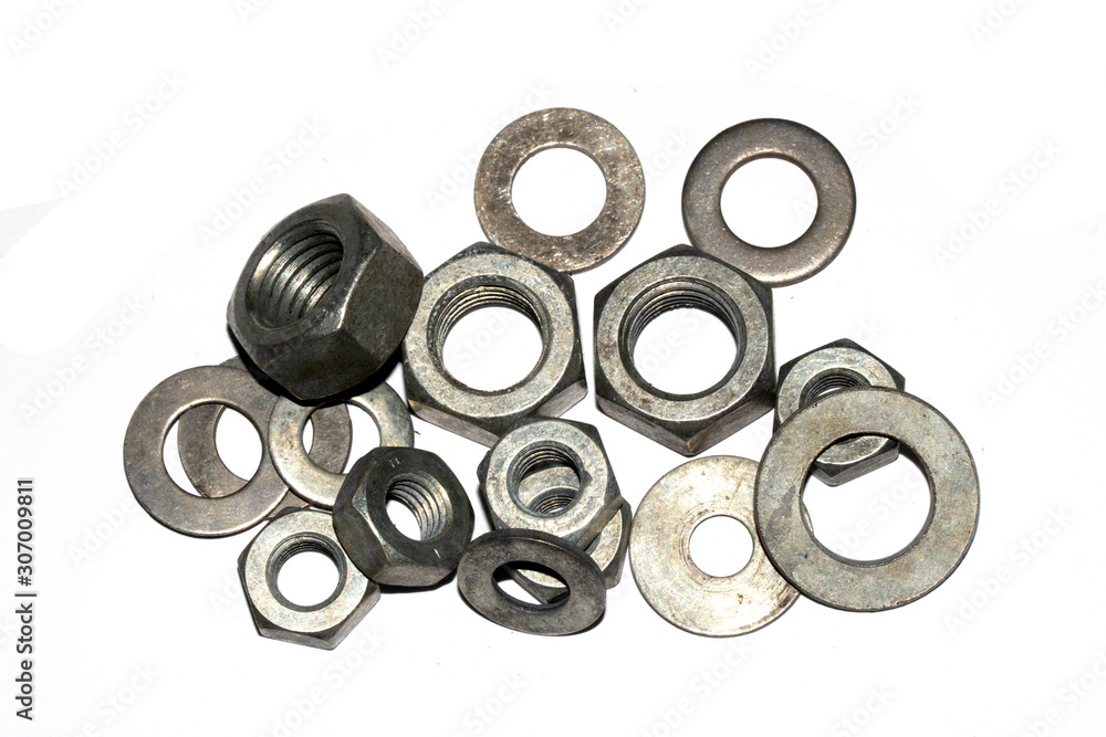 Collection of Old Bolt, Screws, Nuts Engineering Metal Tools on White Background Collection of Old Bolt, Screws, Nuts Engineering Metal Tools on White Background
