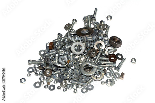 Collection of Old Bolt, Screws, Nuts Engineering Metal Tools on White Background © squeebcreative