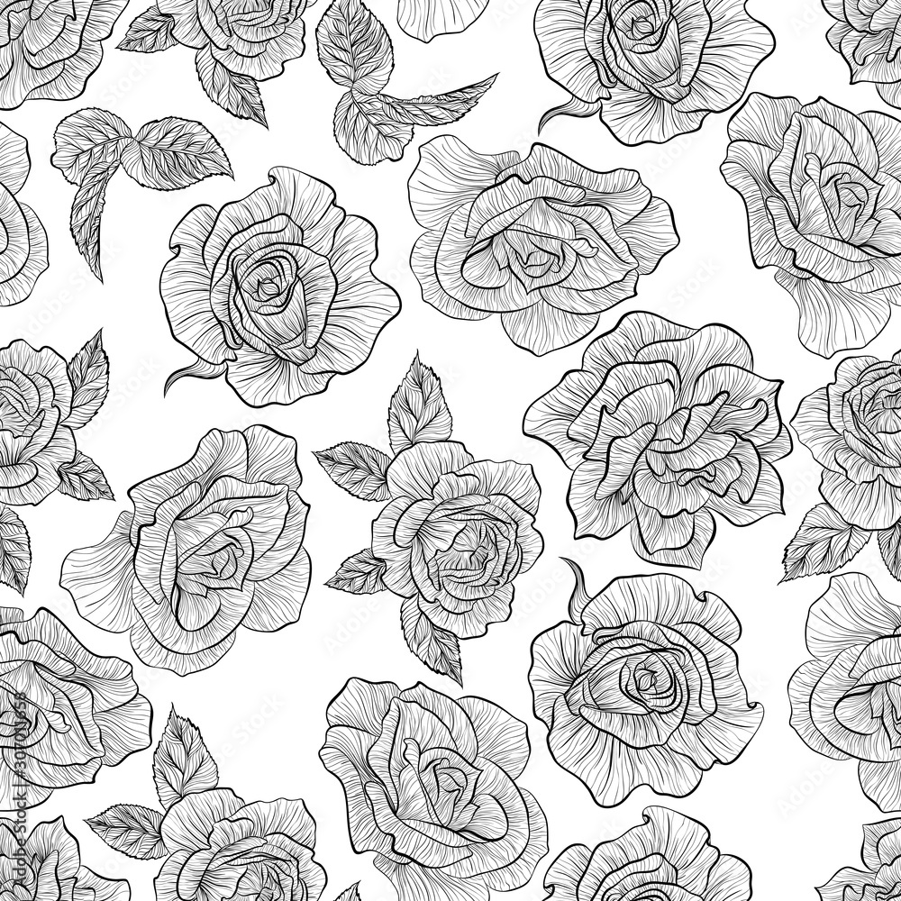 Floral seamless pattern. Vector line art illustration with roses flowers. Hand drawn pattern isolated on white background. 