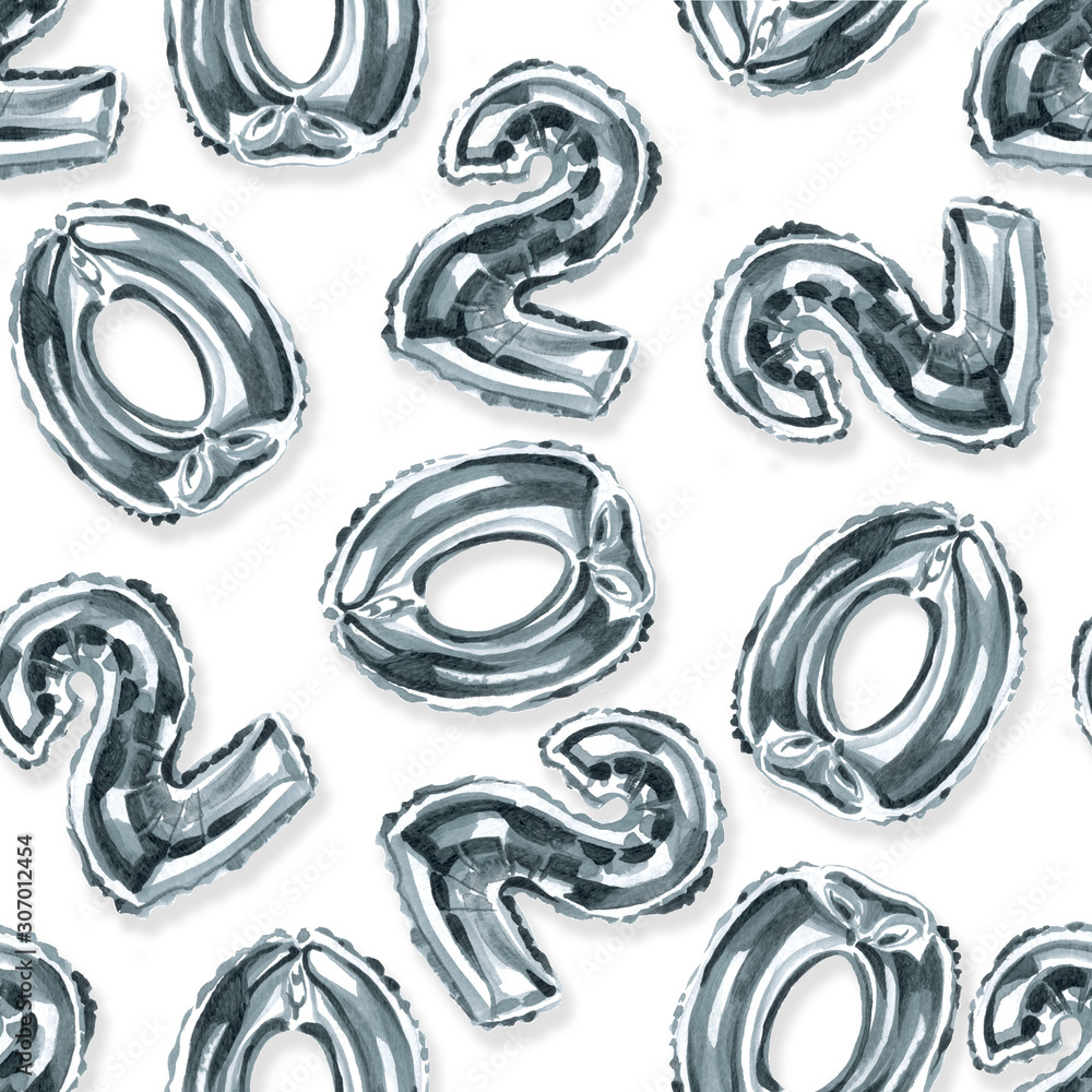 Watercolor illustration of silver shiny 2020 balloon pattern for New year card invitation or 20th birthday Watercolor illustration of silver shiny 2020 balloon pattern for New year card invitation or 20th birthday