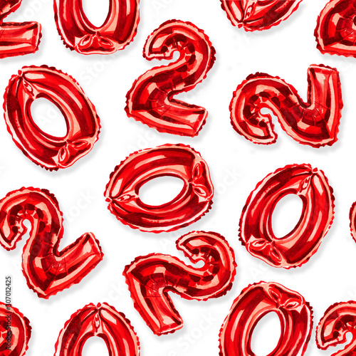 Watercolor illustration of red shiny 2020 balloon pattern for New year card invitation or anniversary and 20th birthday