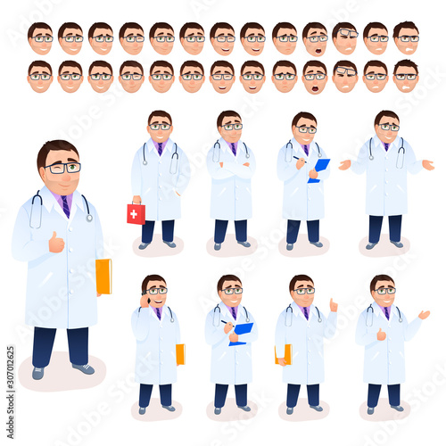 Doctor man character set on white background. Male physician in uniform. Various views face emotions, poses gestures facial expressions. Cartoon style, flat design people. Medicine vector illustration