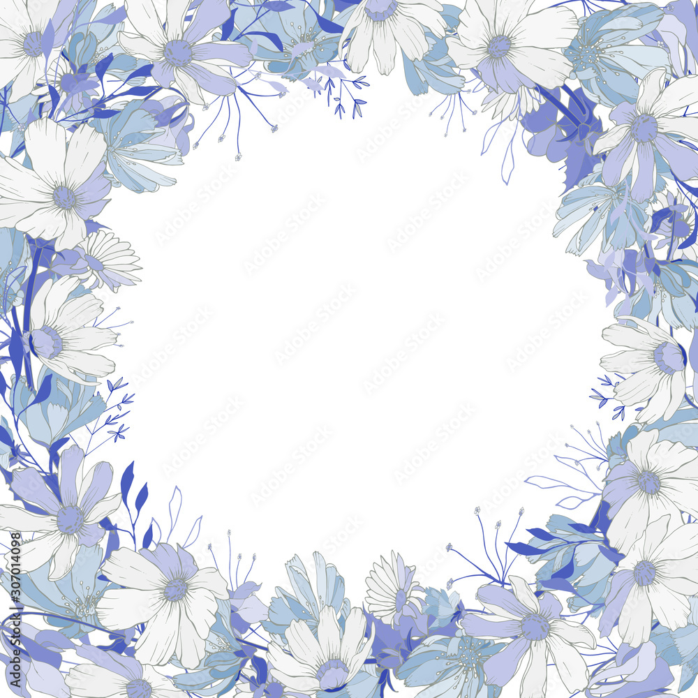 Floral frame of white and blue flowers and leaves on white background. Copy space. Hand drawn. For your design, greeting cards, wedding invitation. Vector stock illustration.