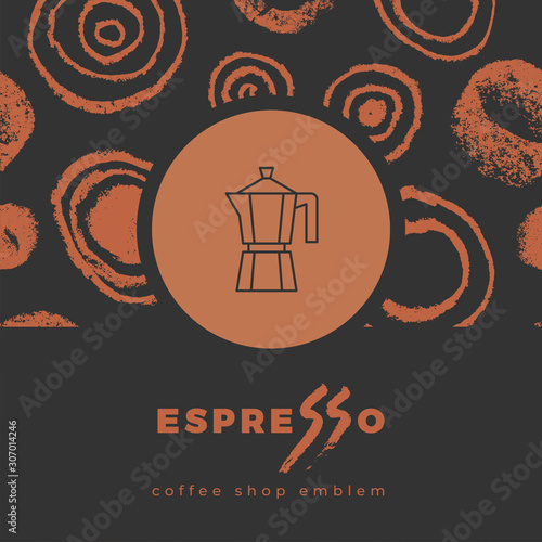 Coffee line icon with abstract seamless pattern, vector creative background. Coffee shop emblem, cafe menu, packaging design, organic coffee logo, take away coffee, 100% arabica badge.